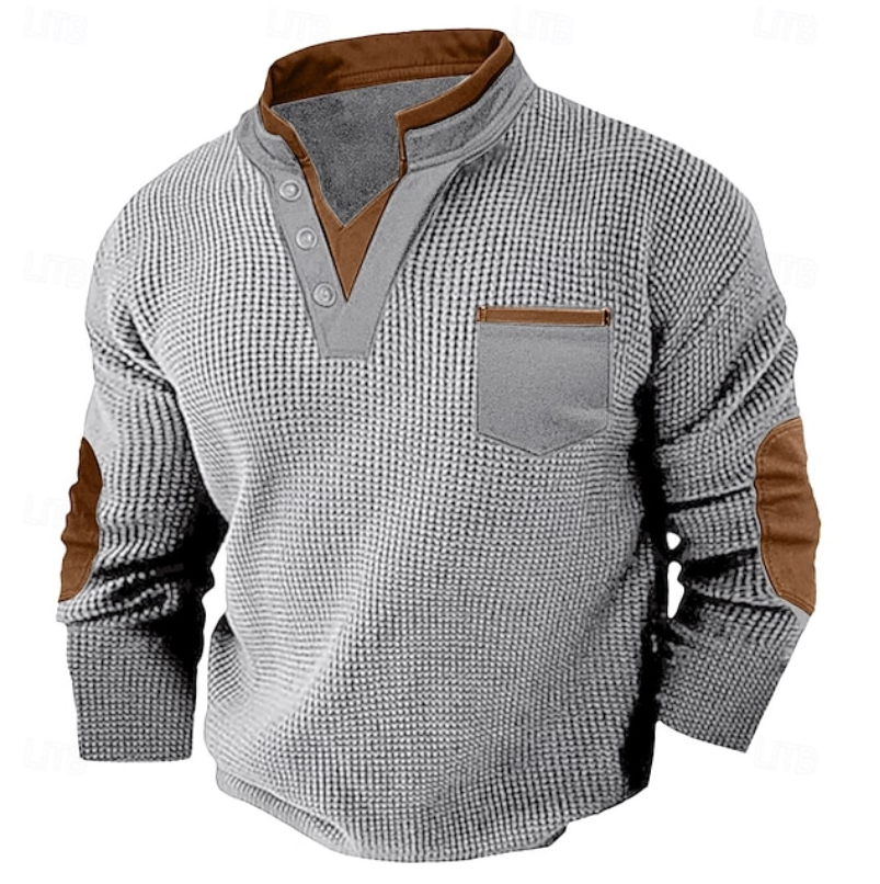 Hartley | Men's Textured Contrast-Trim Elbow-Patch Henley Jumper