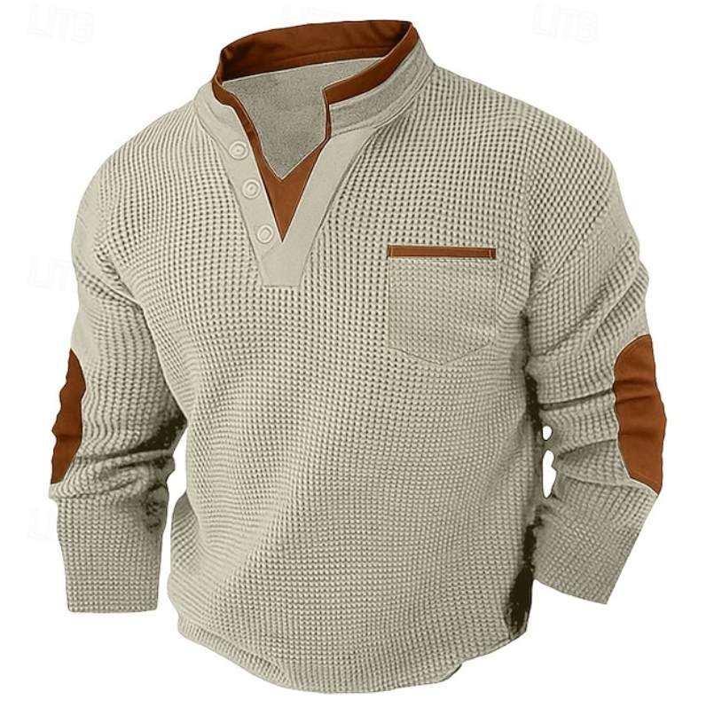 Hartley | Men's Textured Contrast-Trim Elbow-Patch Henley Jumper