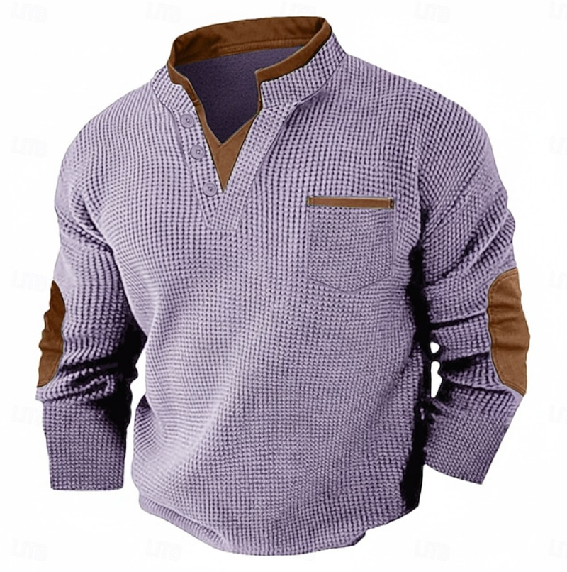 Hartley | Men's Textured Contrast-Trim Elbow-Patch Henley Jumper