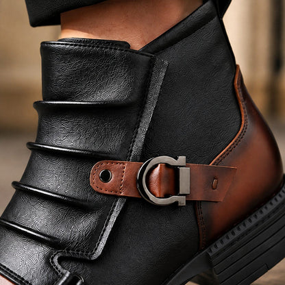 Harlan | Men's Two-Tone Buckle-Strap Round-Toe Side-Zip Ankle Boots