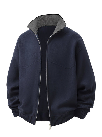 Winslow | Men's Zip-Up Stand-Collar Contrast-Trim Ribbed Relaxed-Fit Cardigan