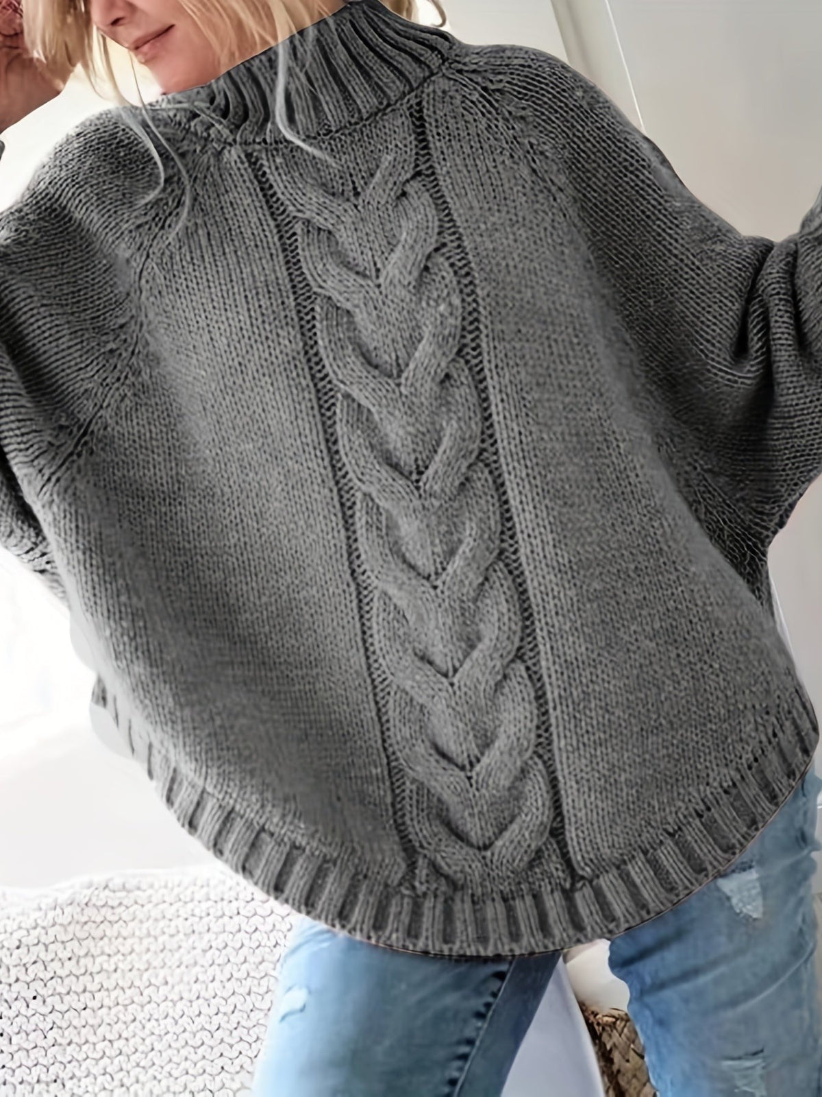 Maeve | Oversized Cable-Knit High-Neck Batwing-Sleeve Jumper