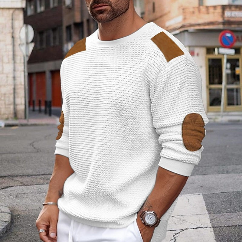 Rowan | Waffle-Textured Contrast-Patch Relaxed-Fit Crew Neck Winter Jumper