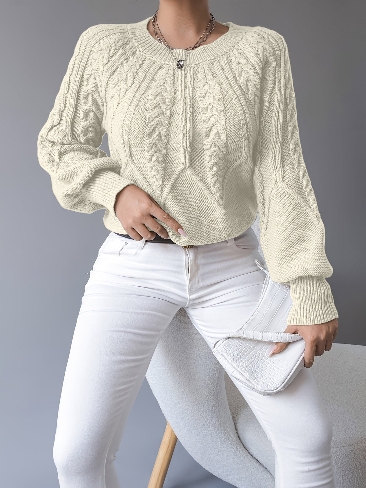Elsie | Women's Cable-Knit Crew Neck Lantern Sleeve Cropped Winter Jumper