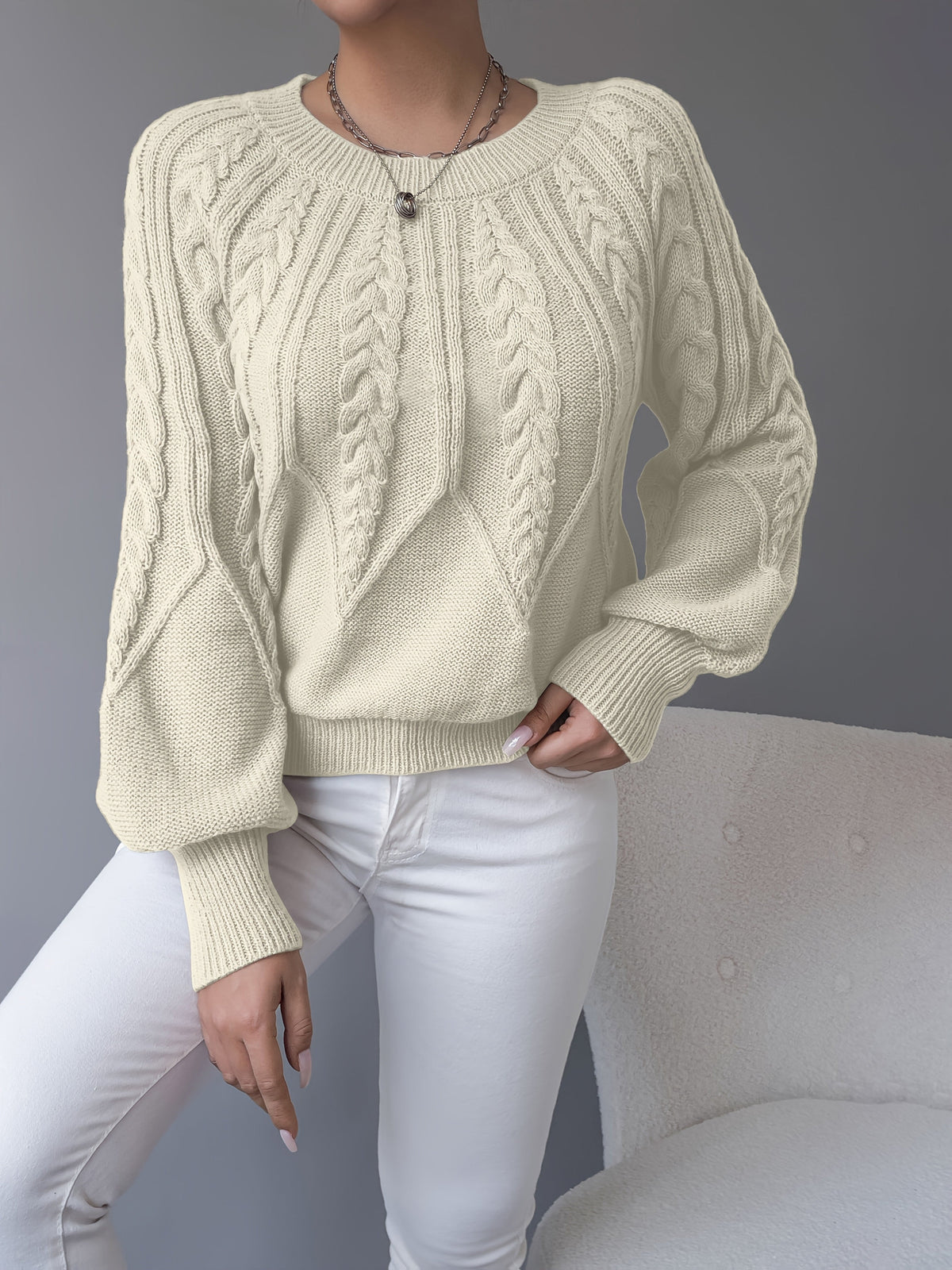 Elsie | Women's Cable-Knit Crew Neck Lantern Sleeve Cropped Winter Jumper