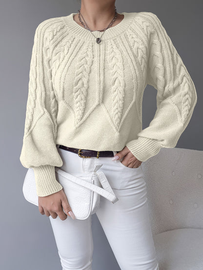 Elsie | Women's Cable-Knit Crew Neck Lantern Sleeve Cropped Winter Jumper