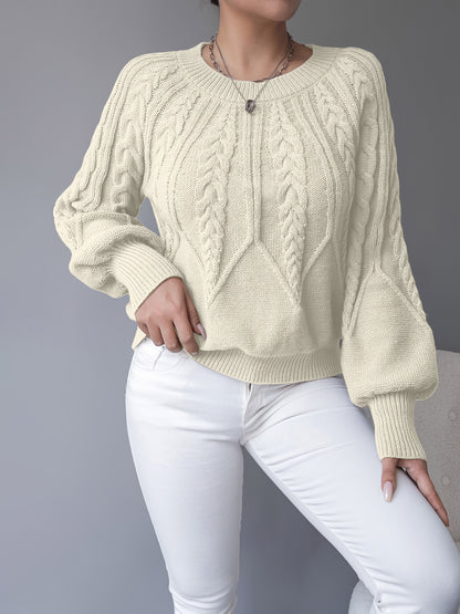 Elsie | Women's Cable-Knit Crew Neck Lantern Sleeve Cropped Winter Jumper