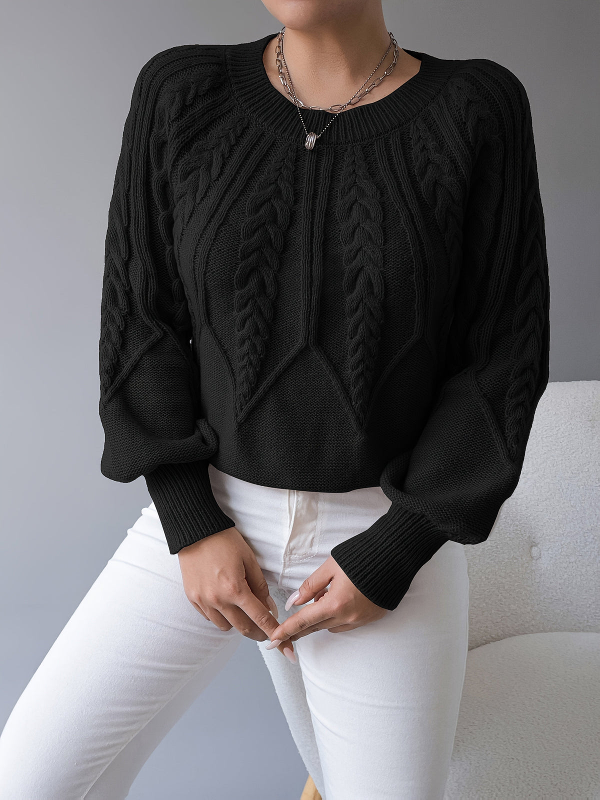 Elsie | Women's Cable-Knit Crew Neck Lantern Sleeve Cropped Winter Jumper