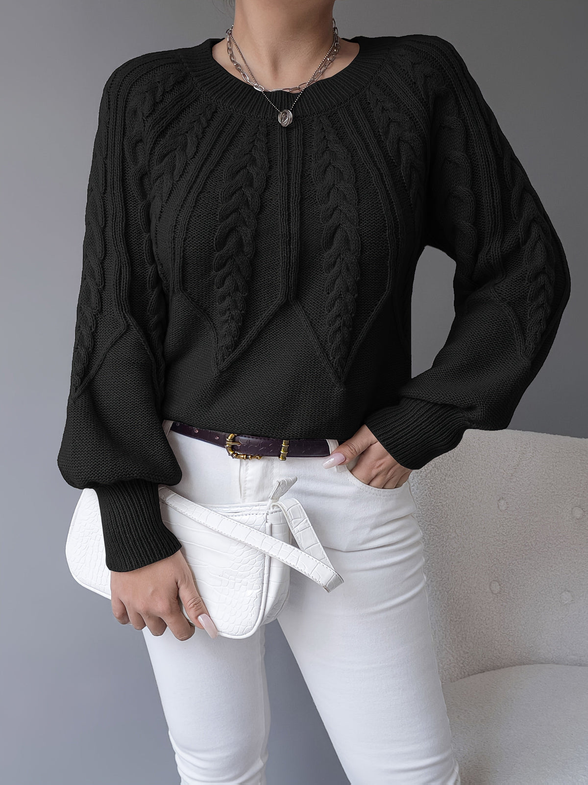 Elsie | Women's Cable-Knit Crew Neck Lantern Sleeve Cropped Winter Jumper