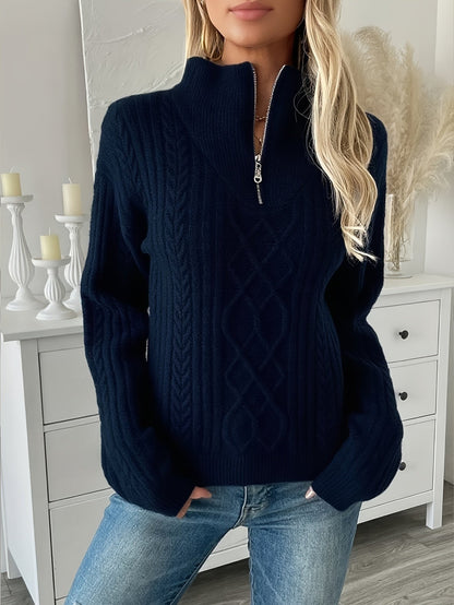 Clemence | Women's Cable-Knit Half-Zip Collared Relaxed-Fit Jumper