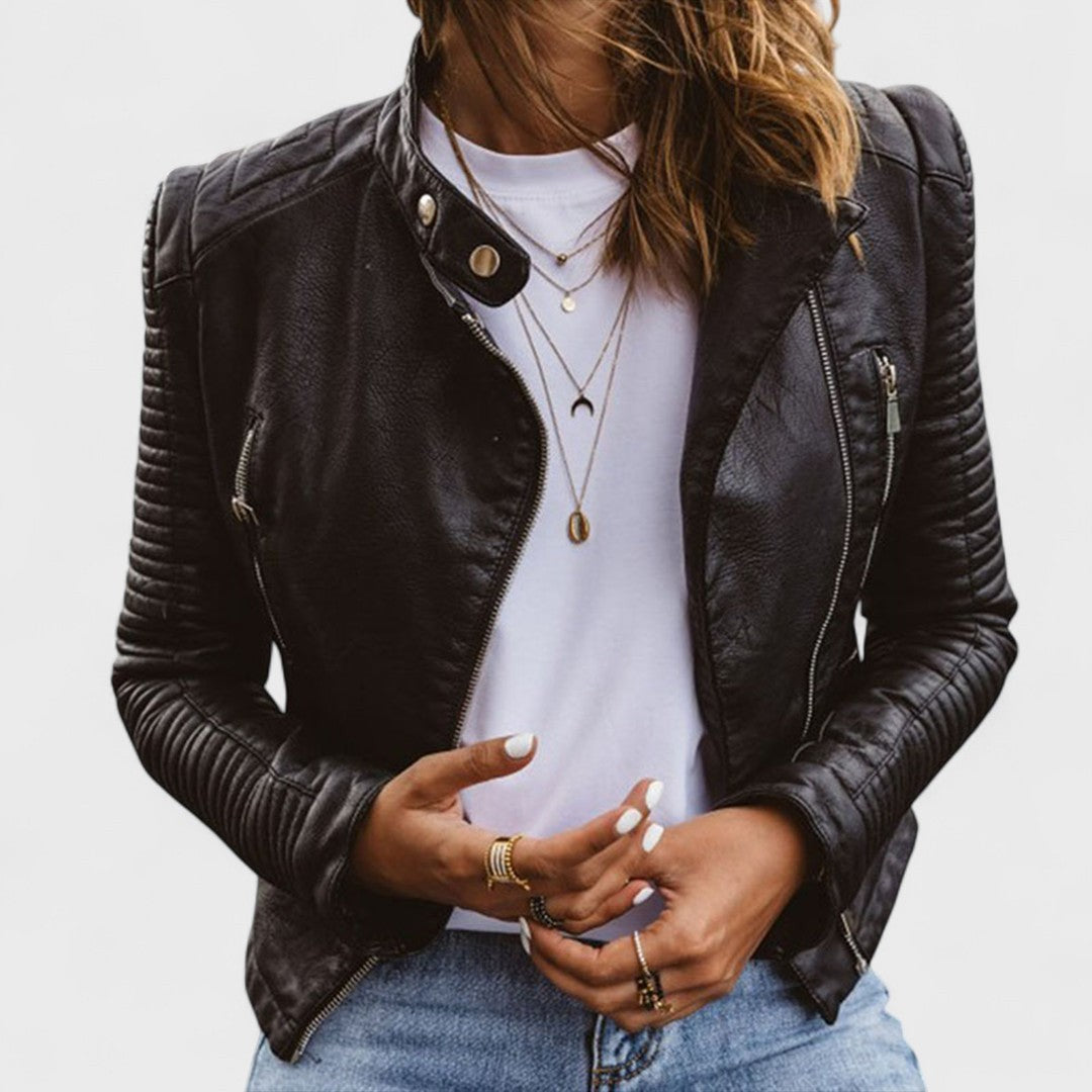 Blake | Women's Cropped Stand-Collar Quilted-Shoulder Vegan Leather Moto Jacket