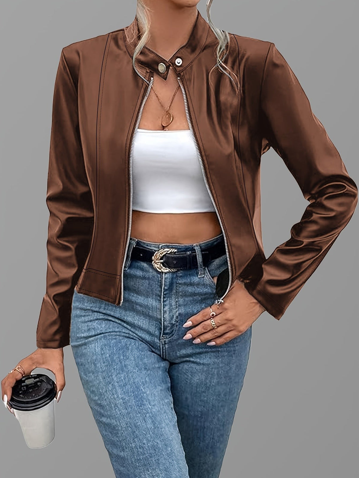 Marnie | Women's Cropped Stand-Collar Vegan Leather Moto Jacket