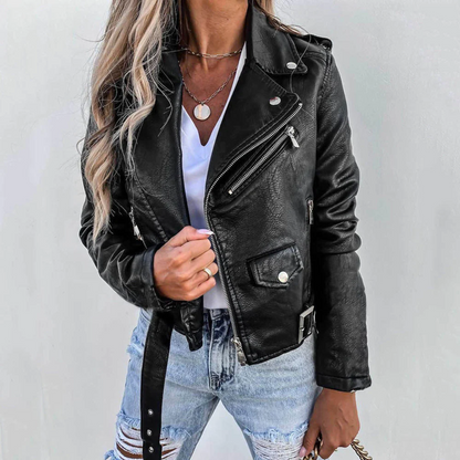 Catalina | Women's Cropped Vegan Leather Asymmetric-Zip Notch-Lapel Buckle-Strap Biker Jacket