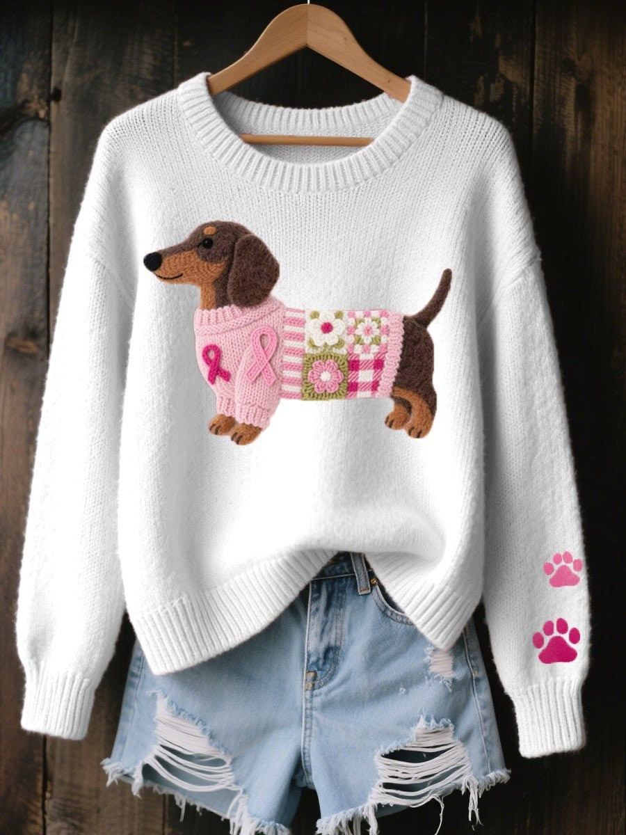 Poppy | Women's Dachshund Patchwork Ribbon-Motif Relaxed-Fit Crew Neck Jumper