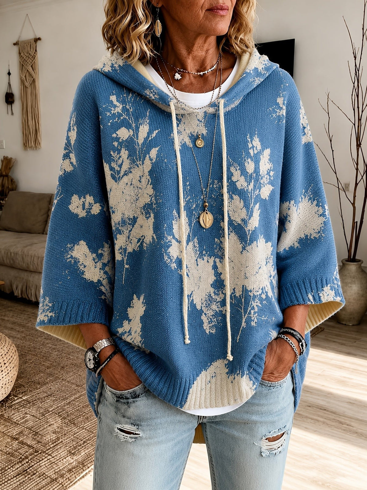 Sienna | Women's Floral Batwing-Sleeve Longline Hooded Cape Jumper