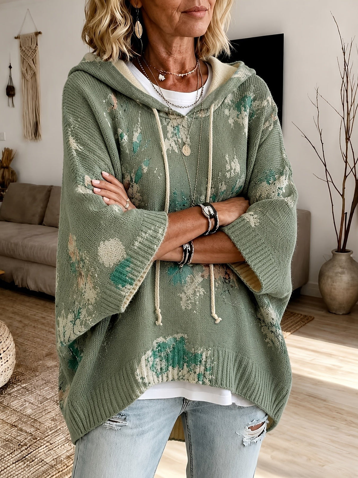 Sienna | Women's Floral Batwing-Sleeve Longline Hooded Cape Jumper