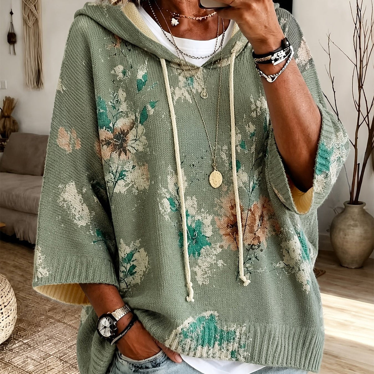 Sienna | Women's Floral Batwing-Sleeve Longline Hooded Cape Jumper
