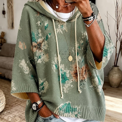 Sienna | Women's Floral Batwing-Sleeve Longline Hooded Cape Jumper