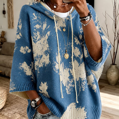 Sienna | Women's Floral Batwing-Sleeve Longline Hooded Cape Jumper