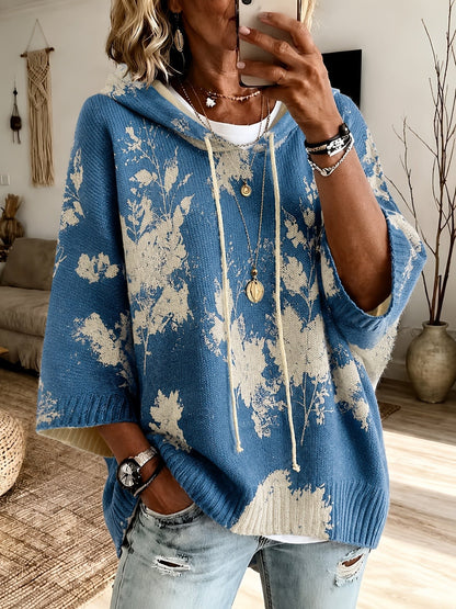 Sienna | Women's Floral Batwing-Sleeve Longline Hooded Cape Jumper