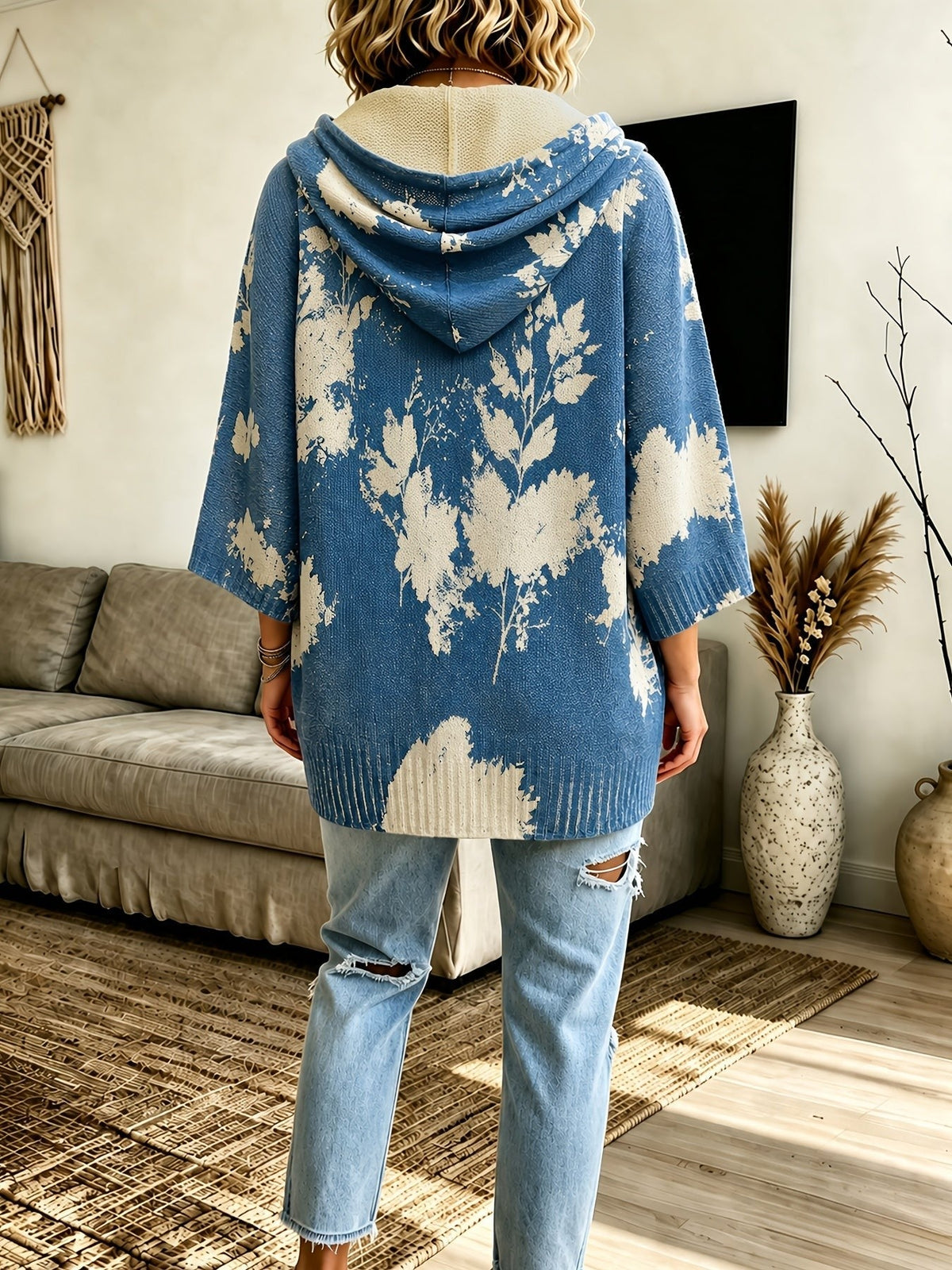 Sienna | Women's Floral Batwing-Sleeve Longline Hooded Cape Jumper