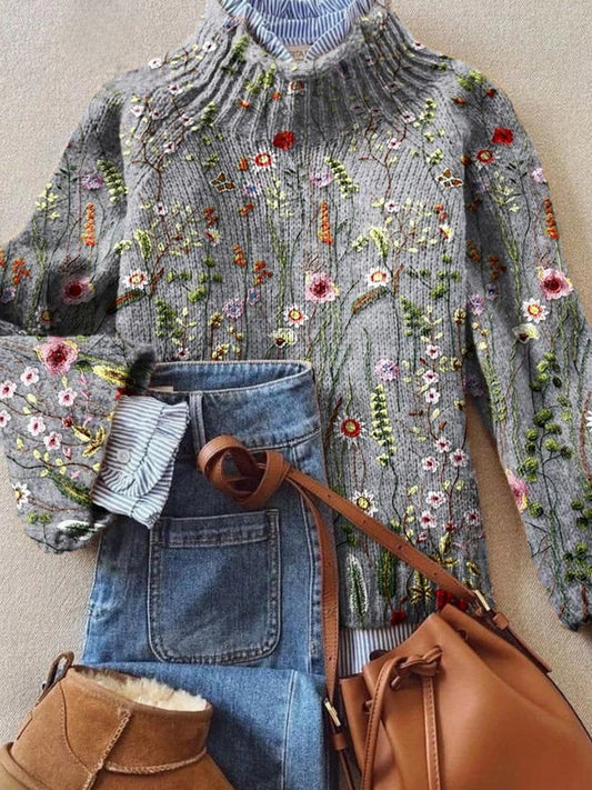 Phoebe | Women's Floral Embroidered Relaxed-Fit Turtleneck Jumper