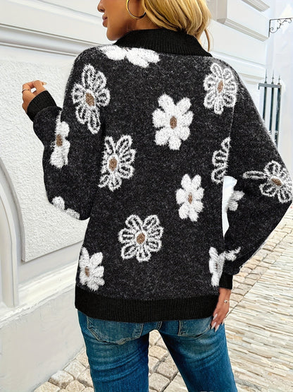 Larissa | Women's Floral Half-Zip Drop-Shoulder Relaxed-Fit Funnel-Neck Jumper