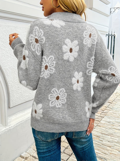 Larissa | Women's Floral Half-Zip Drop-Shoulder Relaxed-Fit Funnel-Neck Jumper