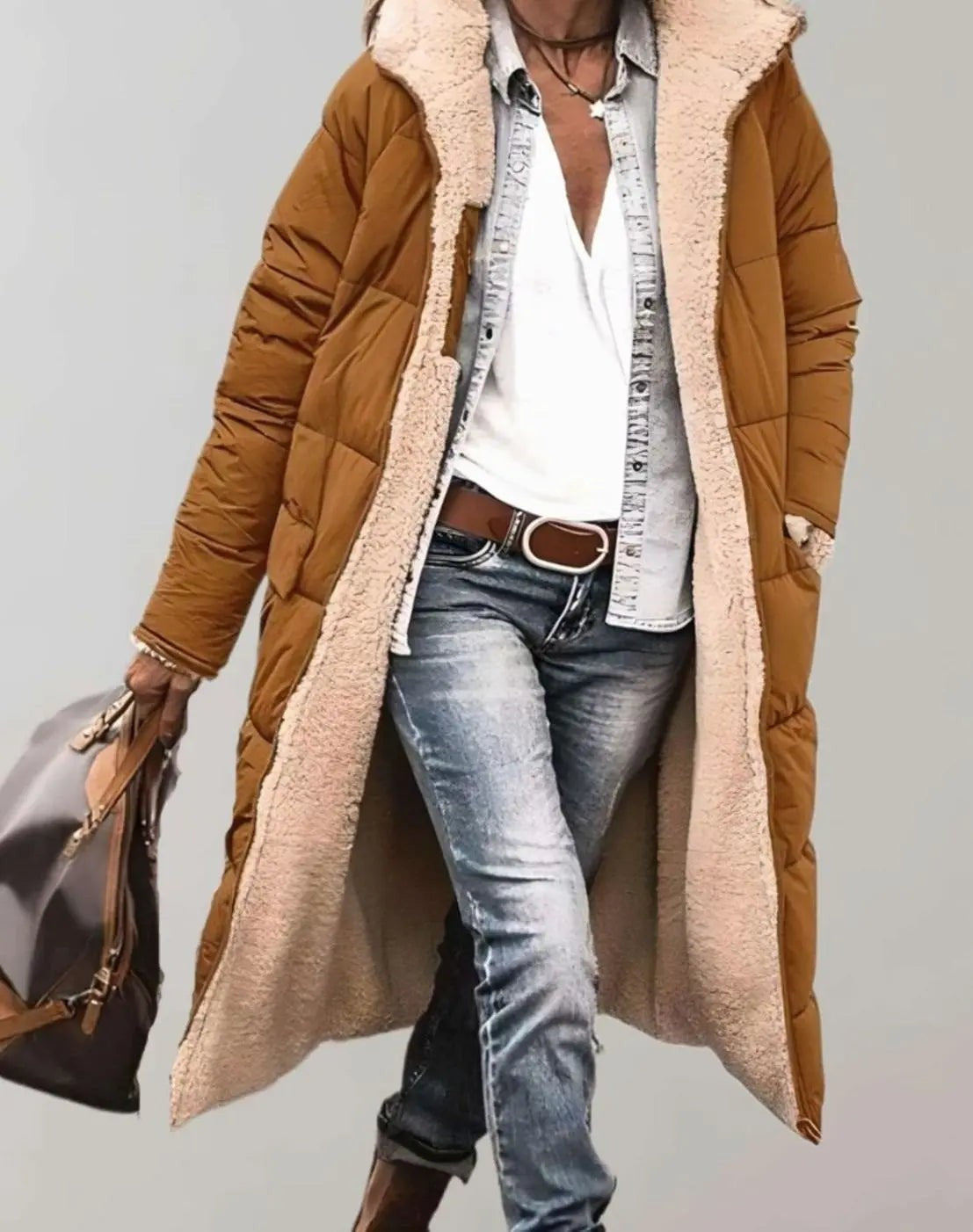 Isla | Women's Longline Hooded Fleece-Trim Open-Front Quilted Coat