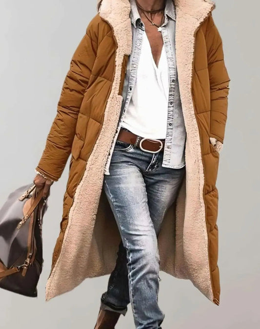 Isla | Women's Longline Hooded Fleece-Trim Open-Front Quilted Coat