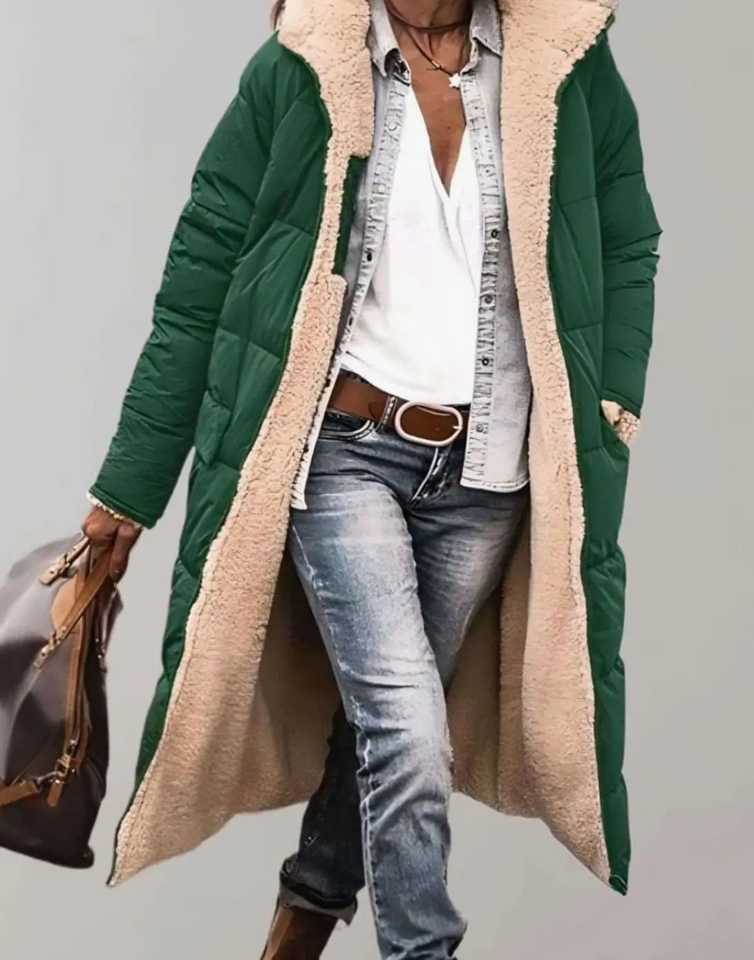 Isla | Women's Longline Hooded Fleece-Trim Open-Front Quilted Coat