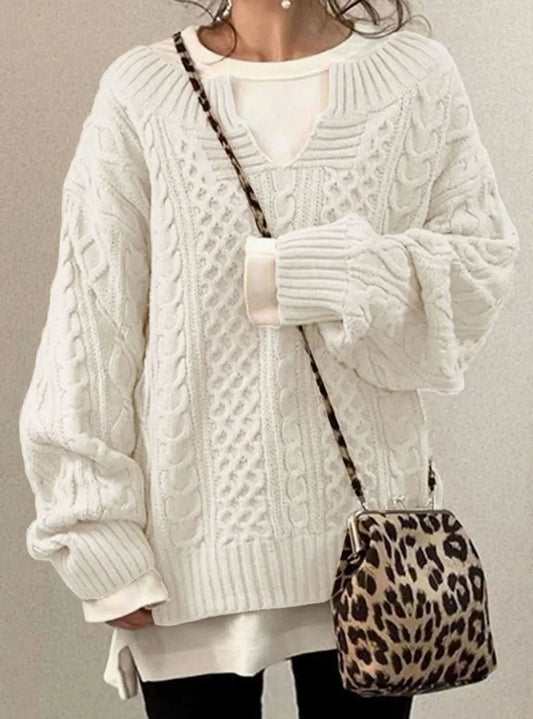 Freya | Women's Oversized Cable-Knit Layered V-Neck Jumper