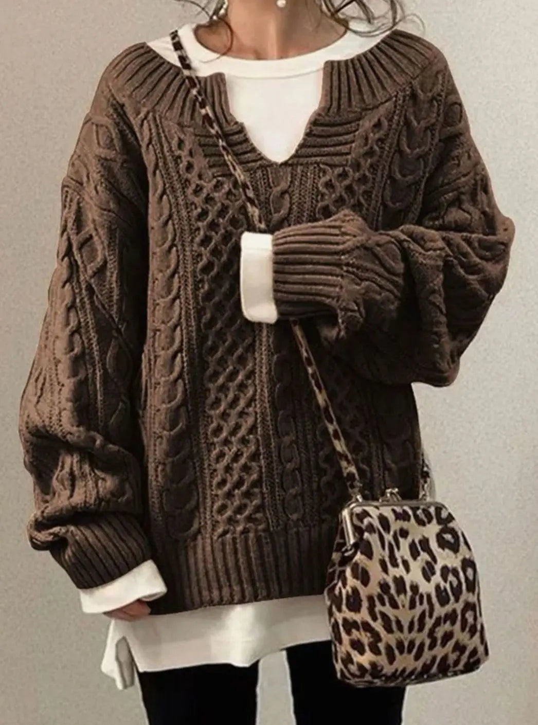 Freya | Women's Oversized Cable-Knit Layered V-Neck Jumper