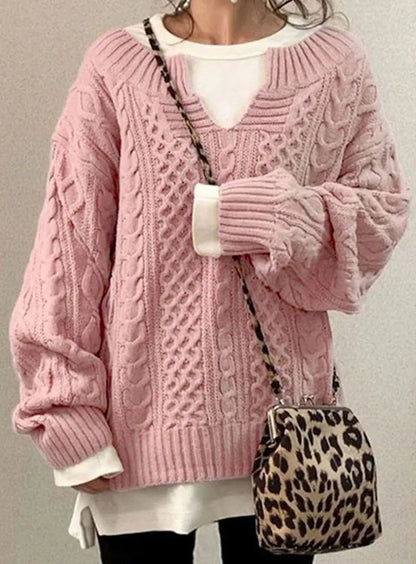 Freya | Women's Oversized Cable-Knit Layered V-Neck Jumper