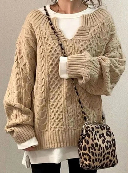 Freya | Women's Oversized Cable-Knit Layered V-Neck Jumper