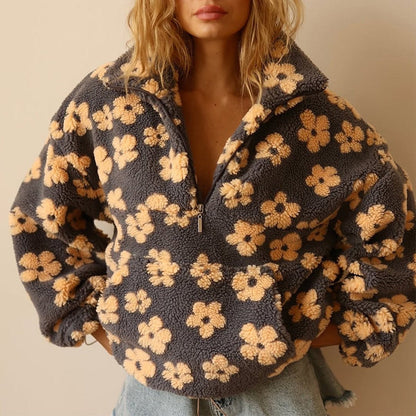 Poppy | Women's Oversized Floral Half-Zip Drop-Shoulder Cropped Jumper