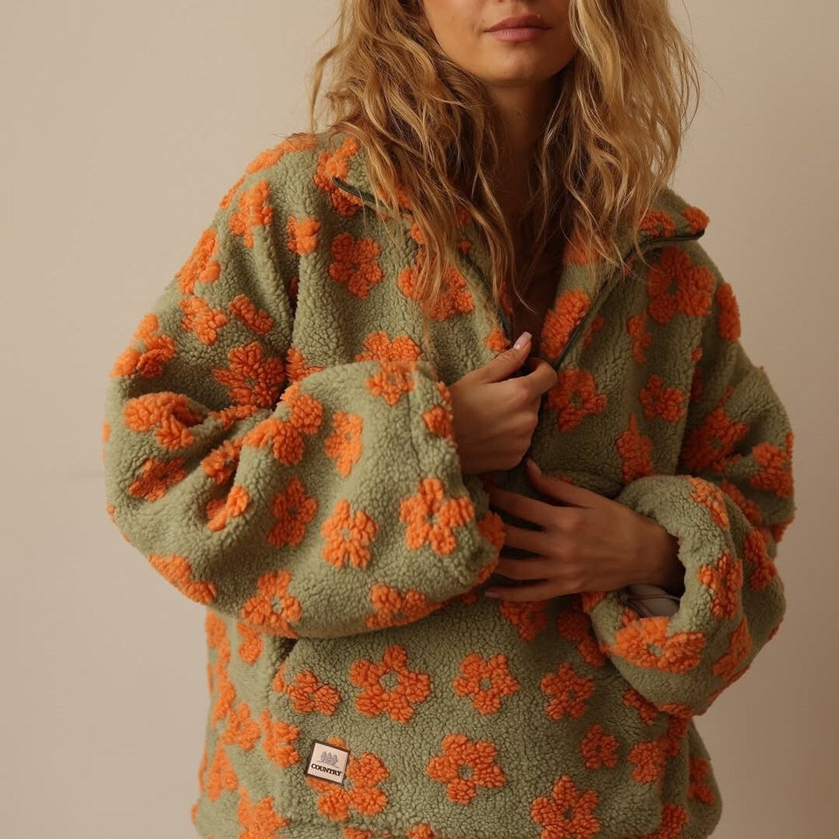 Poppy | Women's Oversized Floral Half-Zip Drop-Shoulder Cropped Jumper