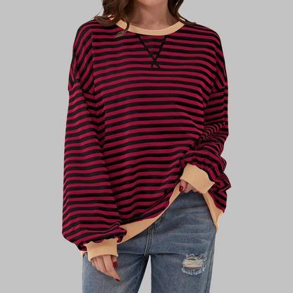 Mirelle | Women's Oversized Striped Contrast-Trim Crew Neck Pullover Sweatshirt