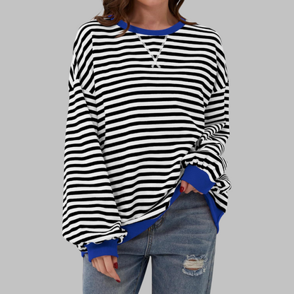 Mirelle | Women's Oversized Striped Contrast-Trim Crew Neck Pullover Sweatshirt