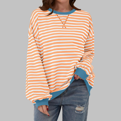 Mirelle | Women's Oversized Striped Contrast-Trim Crew Neck Pullover Sweatshirt
