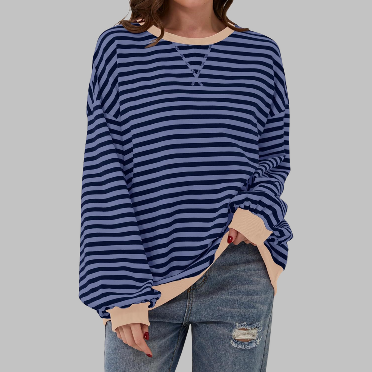 Mirelle | Women's Oversized Striped Contrast-Trim Crew Neck Pullover Sweatshirt