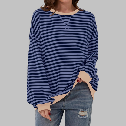 Mirelle | Women's Oversized Striped Contrast-Trim Crew Neck Pullover Sweatshirt