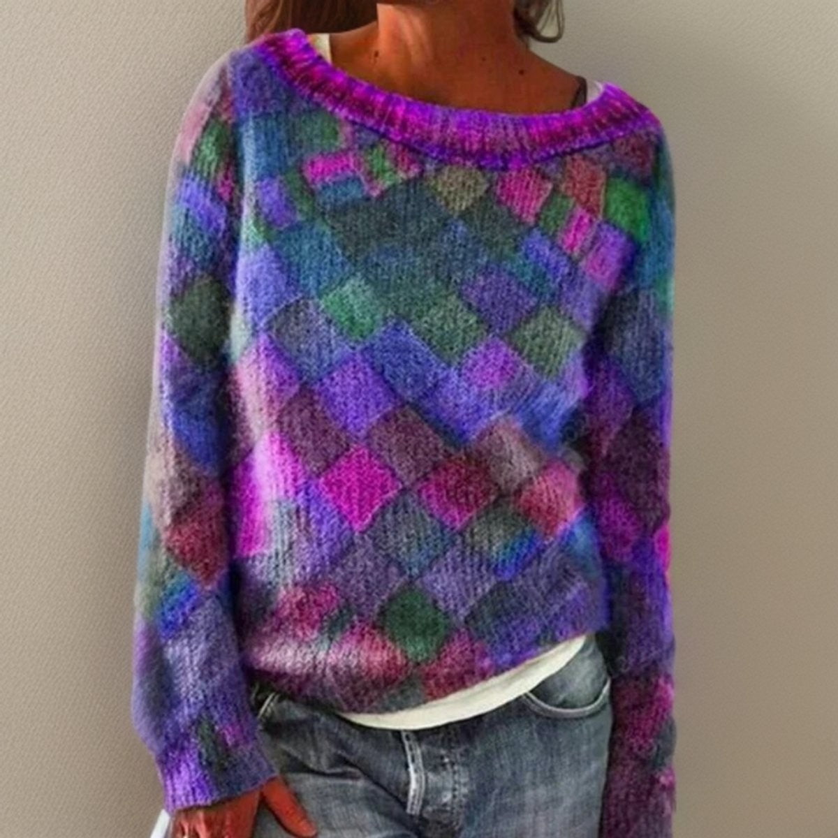 Marlowe | Women's Relaxed-Fit Diamond-Pattern Wide-Neck Knit Jumper