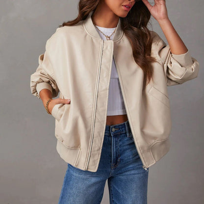 Mia | Women's Relaxed-Fit Vegan Leather Zip-Front Bomber Jacket