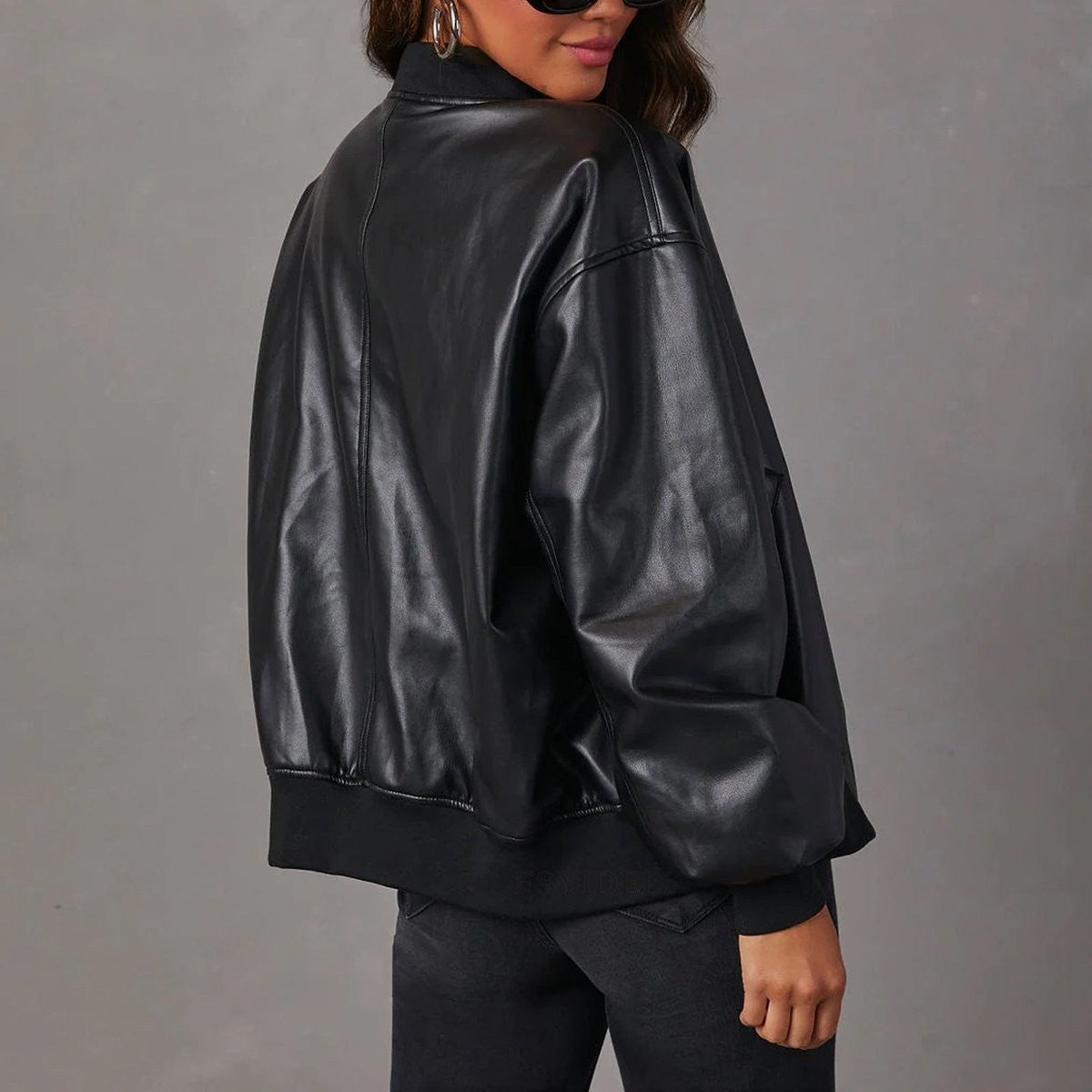 Mia | Women's Relaxed-Fit Vegan Leather Zip-Front Bomber Jacket