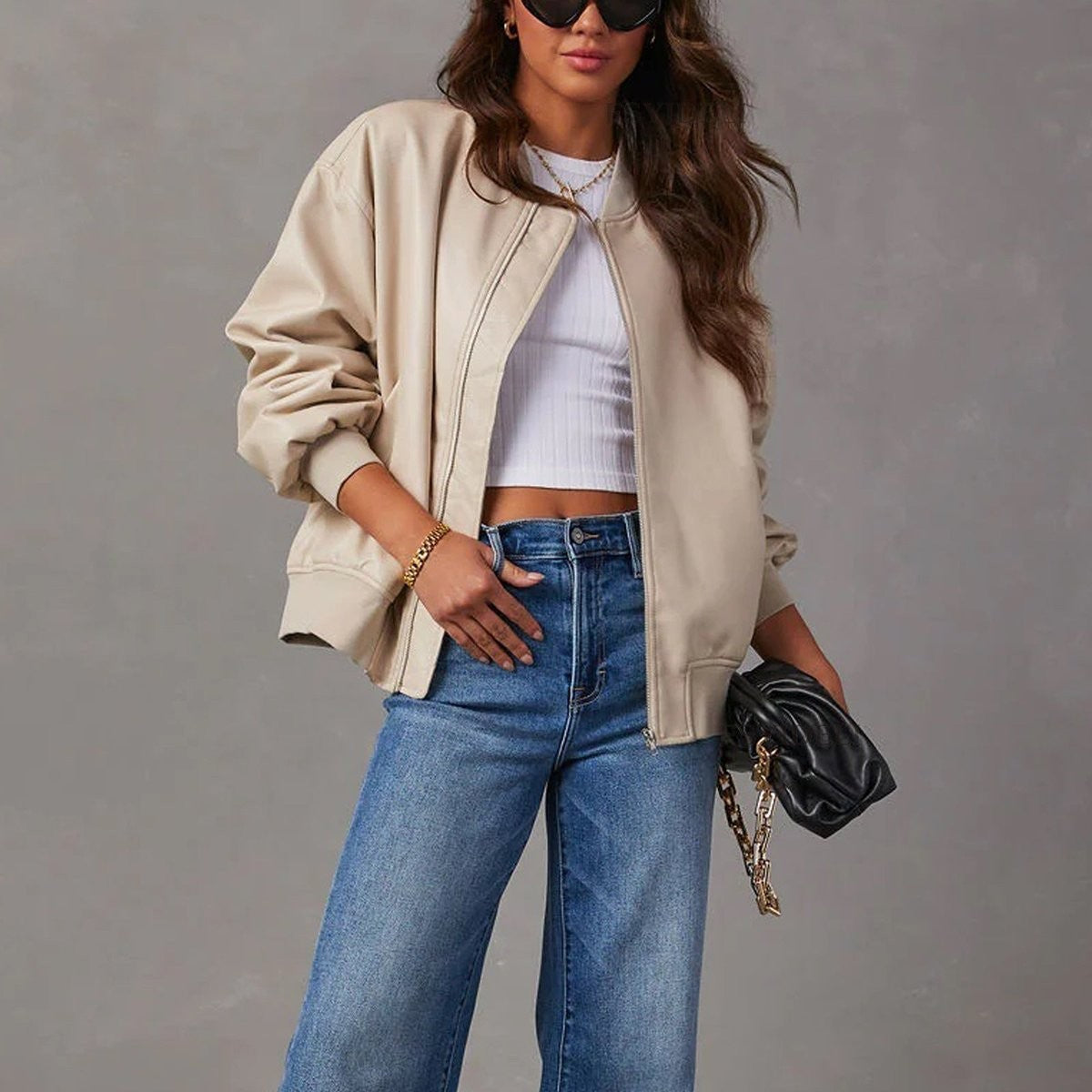 Mia | Women's Relaxed-Fit Vegan Leather Zip-Front Bomber Jacket