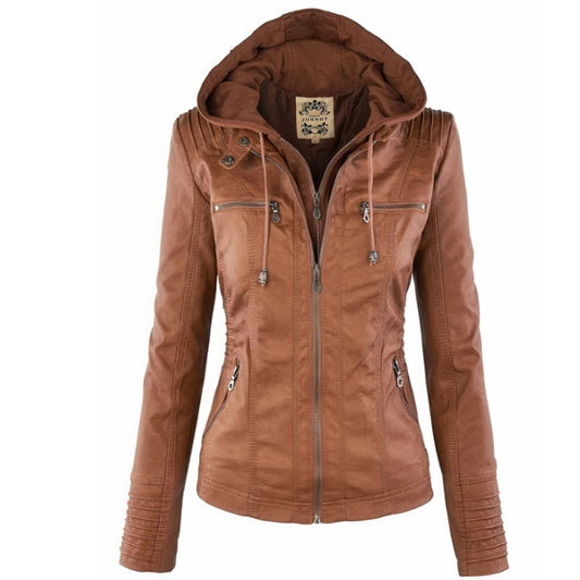 Sienna | Women's Removable-Hood Zip-Front Slim-Fit Vegan Leather Moto Jacket