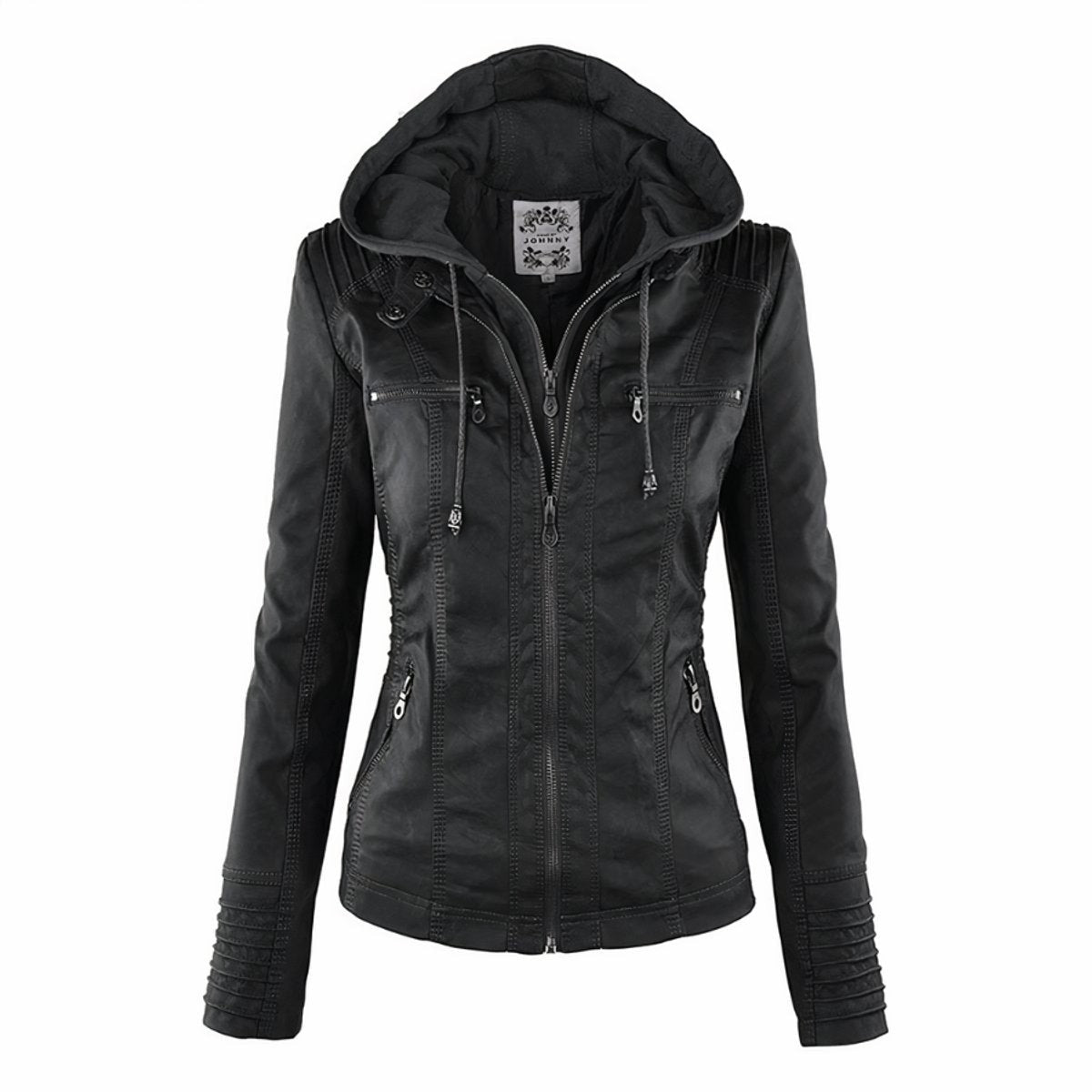 Sienna | Women's Removable-Hood Zip-Front Slim-Fit Vegan Leather Moto Jacket