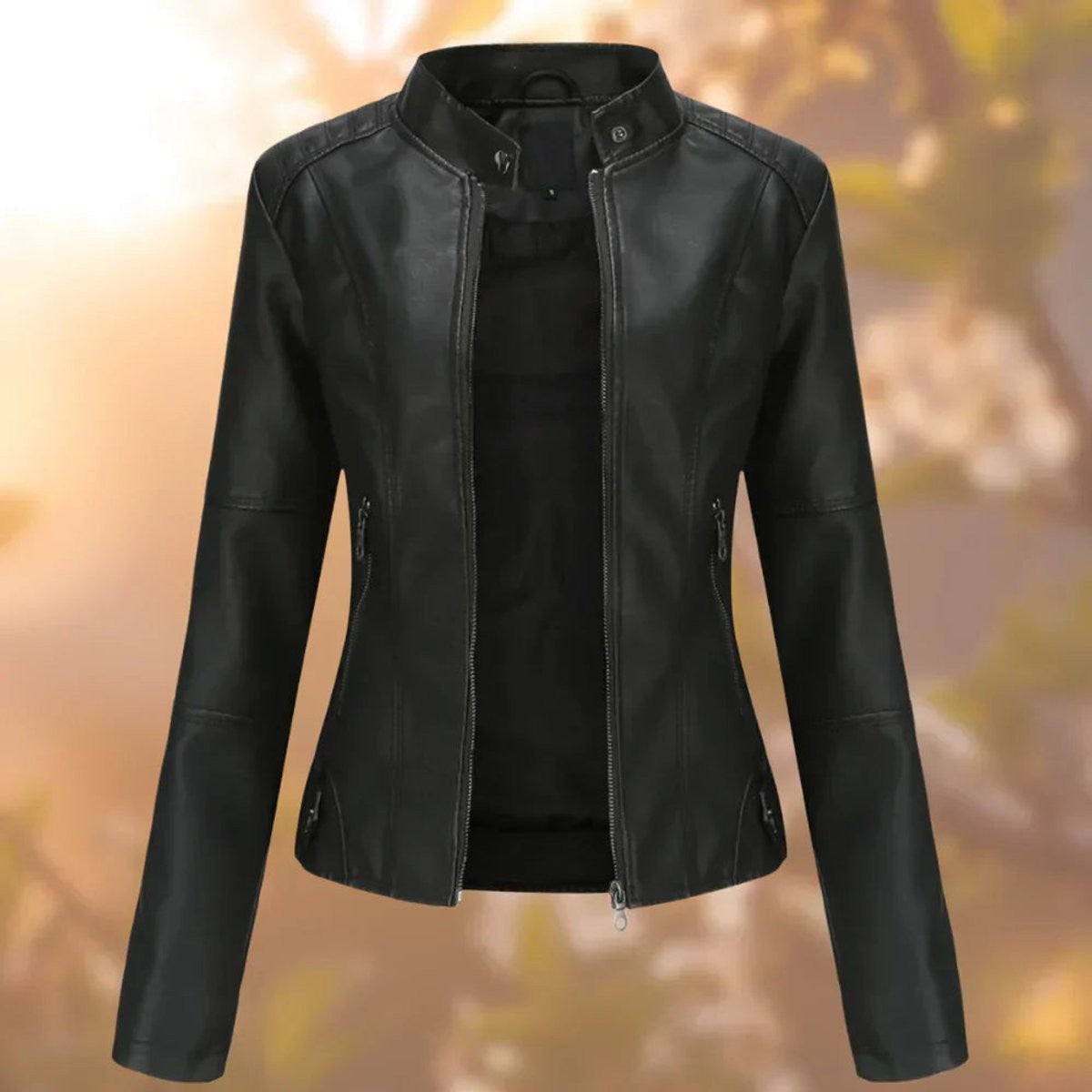 Emily | Women's Slim-Fit Stand-Collar Vegan Leather Biker Jacket