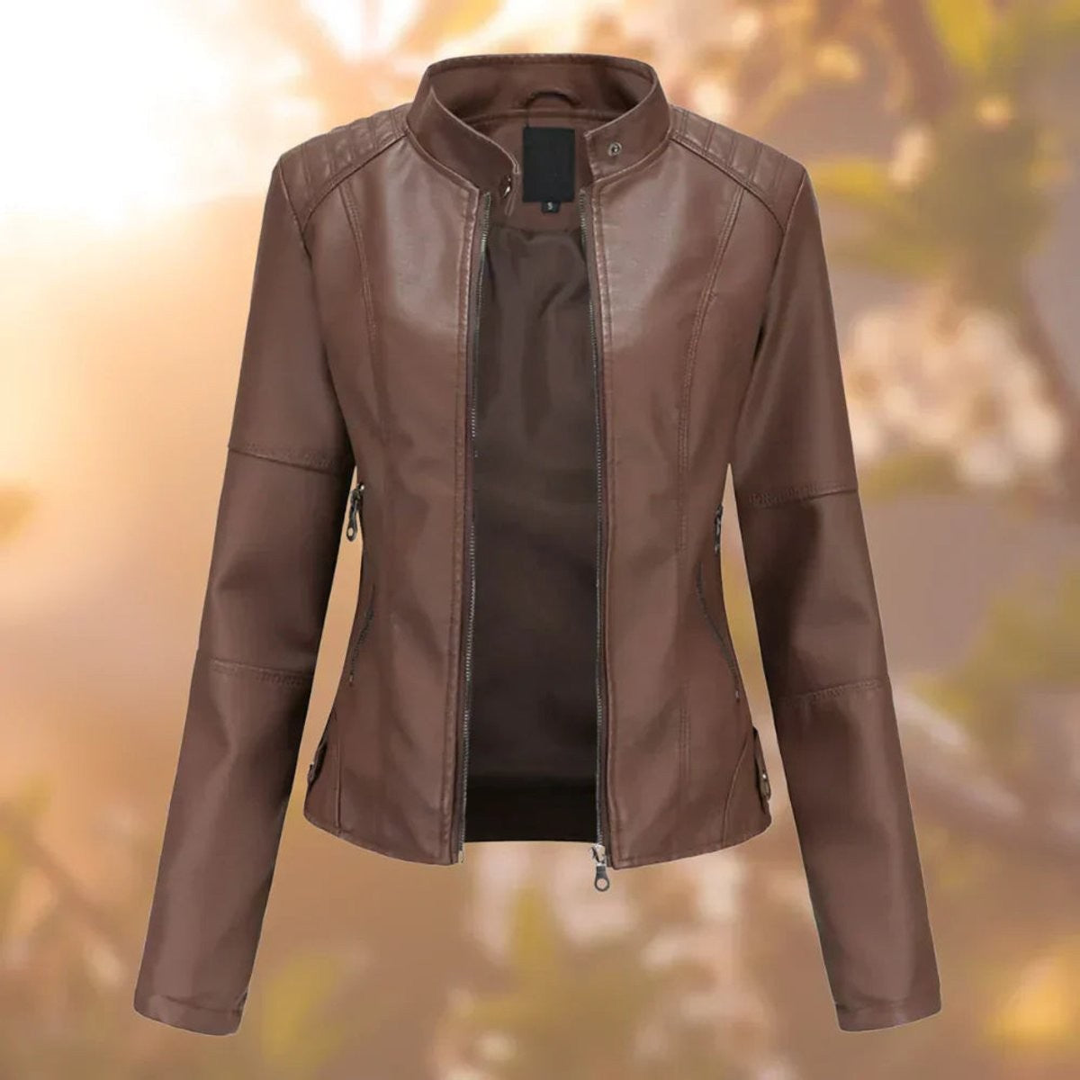 Emily | Women's Slim-Fit Stand-Collar Vegan Leather Biker Jacket